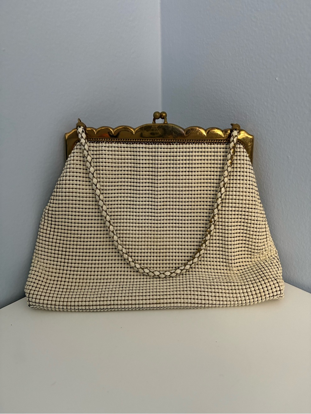 Vintage Classic Ivory Evening Metal Handbag with Gold Trim